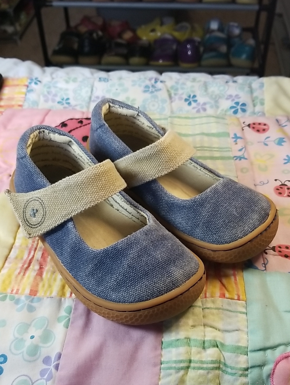 Livie & Luca Blue Denim Canvas Mary Jane with Tan Strap Size 10 Carta II